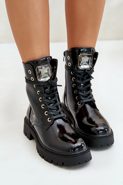 Lakierowane Botki Workery Ocieplane Z Ozdobą Czarne Depisa