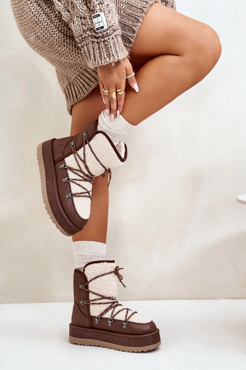 Śniegowce Damskie Na Platformie Z Wiązaniem Brązowe Riaviana