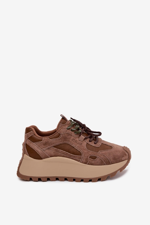 Skórzane Sneakersy Na Platformie Damskie Big Star SS274626 HI-POLY SYSTEM Camel