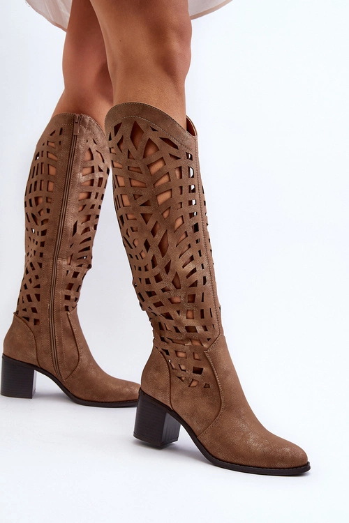 Ażurowe Kozaki Na Obcasie Brązowe Pinkema