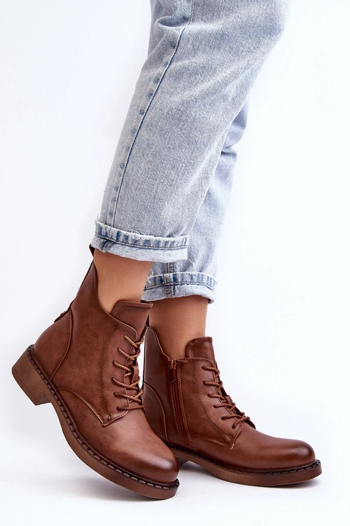 Klasyczne Damskie Botki Na Płaskim Obcasie Brązowe Ballisa