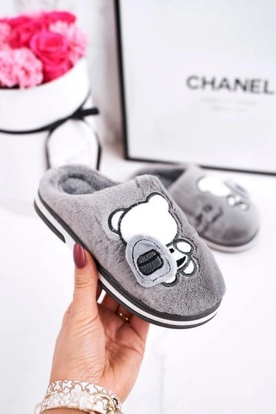 Dziecięce Klapki Papcie Z Misiem Szare Go To School