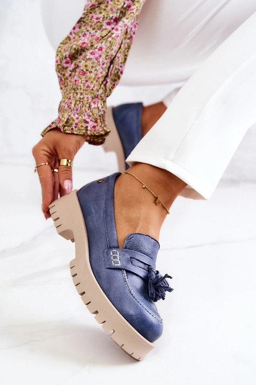 Damskie Skórzane Półbuty Frędzle Maciejka 05497-17 Niebieskie