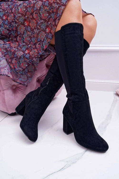 Kozaki Damskie Na Słupku Zamszowe z Lycrą Czarne Machine