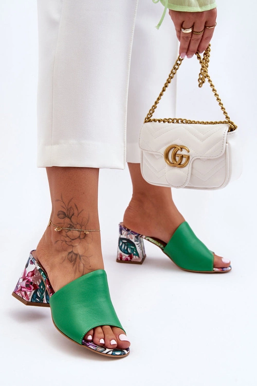 Damskie Skórzane Klapki Na Obcasie Lewski Shoes 3209/K Zielone