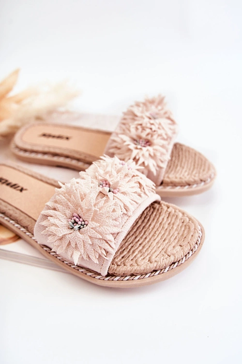 Damskie Klapki Z Materiałowymi Kwiatami Beżowe Susana