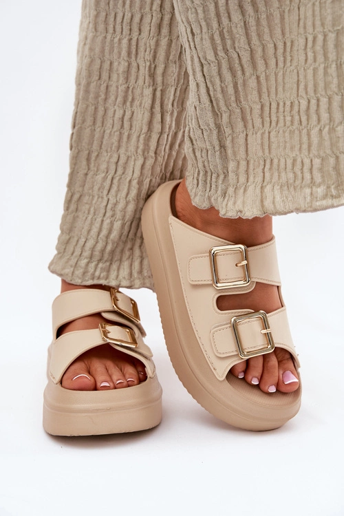 Klapki Damskie Na Platformie Ze Złotymi Klamrami Beżowe Zorila