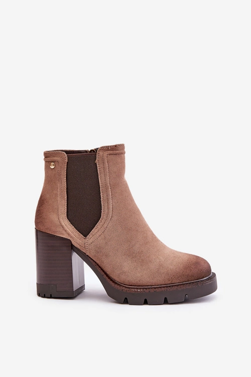 Ocieplane Botki Damskie Na Słupku Z Eko Zamszu Vinceza 58356 Beżowe