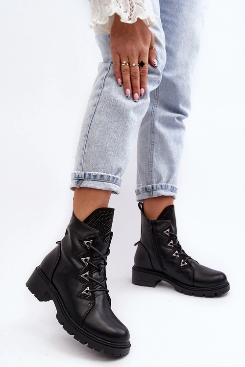 Skórzane Ocieplane Botki Z Dżetami Czarne Gwen S.Barski HY93-52A