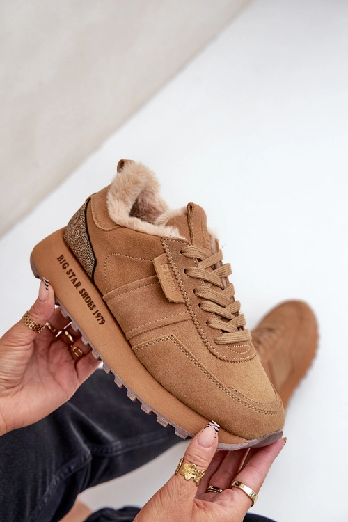 Zamszowe Sneakersy Damskie Z Futerkiem I Błyszczącym Elementem Big Star OO274578 Hi-Poly System Camel