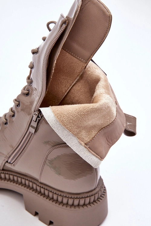 Lakierowane Damskie Botki Workery Sznurowane Ciemnobeżowe S.Barski MR870-72