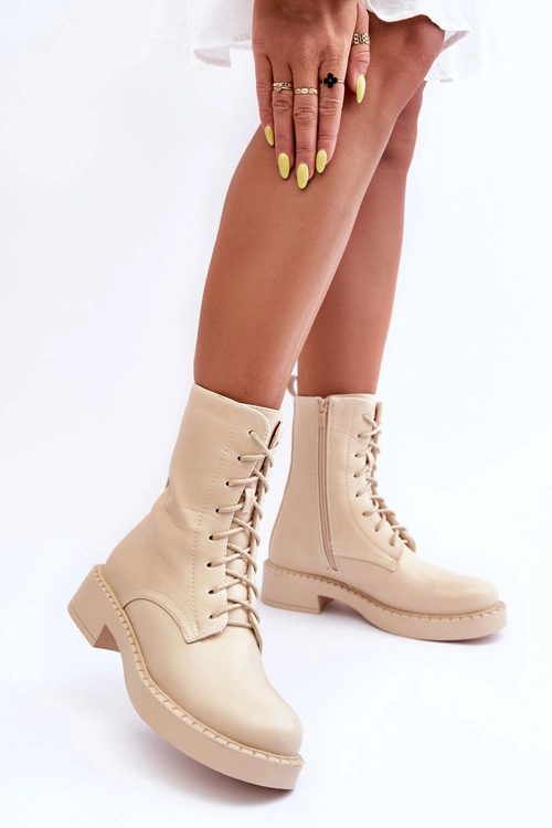 Skórzane Botki Workery Na Płaskim Obcasie Jasnobeżowe Aganne