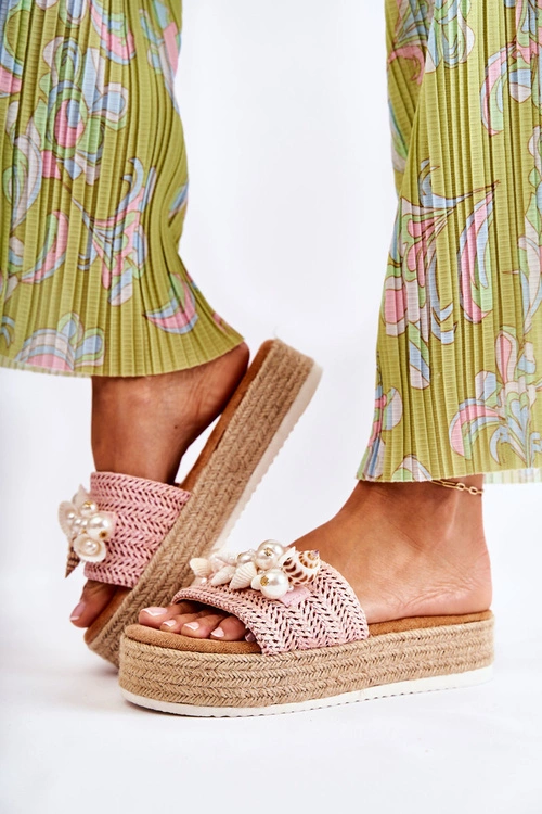 Damskie Klapki Na Platformie Z Muszelkami Różowe Tolia