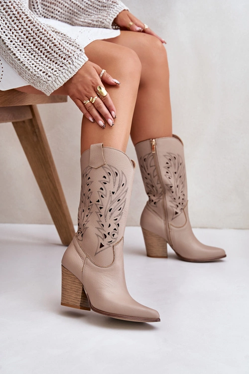 Ażurowe Kozaki Do Połowy Łydki Na Słupku Skórzane Lewski 3609 Beżowe
