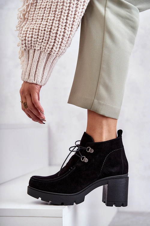 Damskie Zamszowe Botki Wiązane Czarne Lemar Marianne