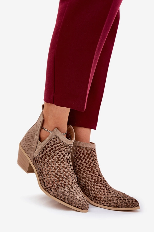 Ażurowe Botki Damskie Na Obcasie Z Wycięciami I Plecionką Khaki Tulifedi
