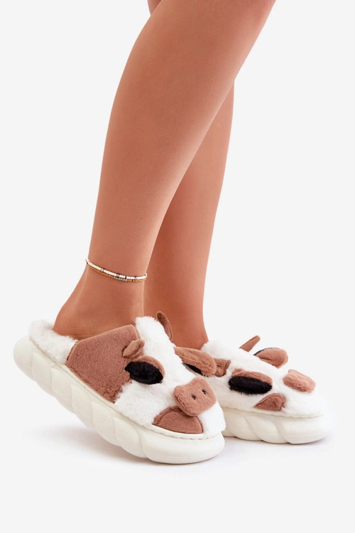 Futrzane Kapcie Krowy Damskie Brązowe Remiola