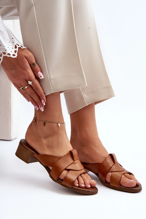 Zazoo 40236 Skórzane Klapki Damskie Na Niskim Obcasie Brązowe