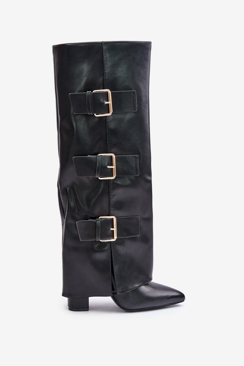 Ocieplane Kozaki Damskie Na Słupku Z Wywiniętą Cholewką I Klamrami Czarne Piregonia