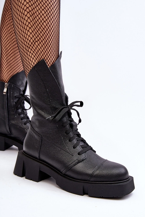 Damskie Skórzane Botki Workery Na Masywnym Płaskim Obcasie Zazoo 976A Czarne