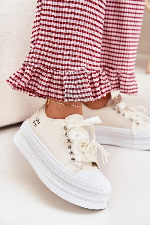 Trampki Damskie Na Platformie Z Ozdobnym Sznurowaniem Beżowe Tivora