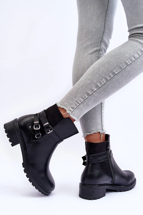 Skórzane Botki Damskie Z Paskami Czarne Minks