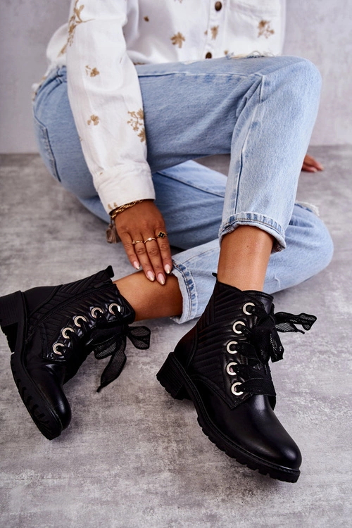 Skórzane Pikowane Botki Z Ociepleniem Czarne Torino