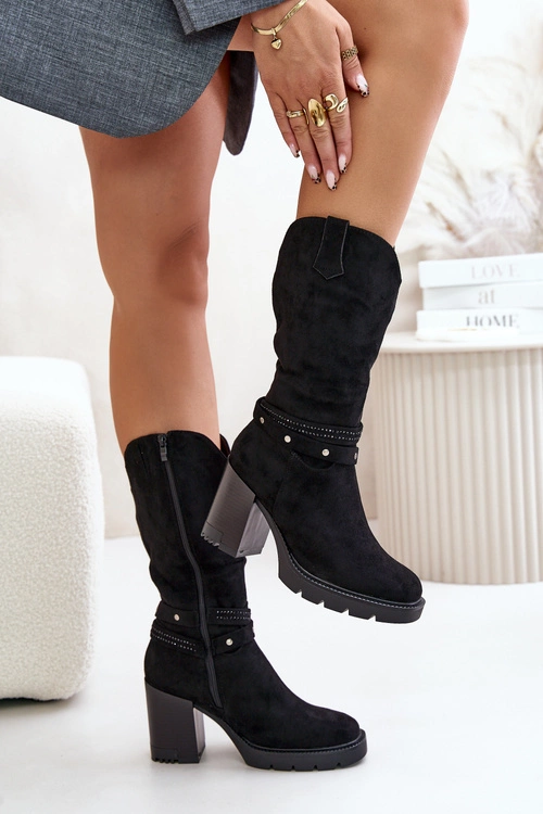 Kozaki Damskie Do Połowy Łydki Na Słupku Ocieplane Czarne Ivanelis