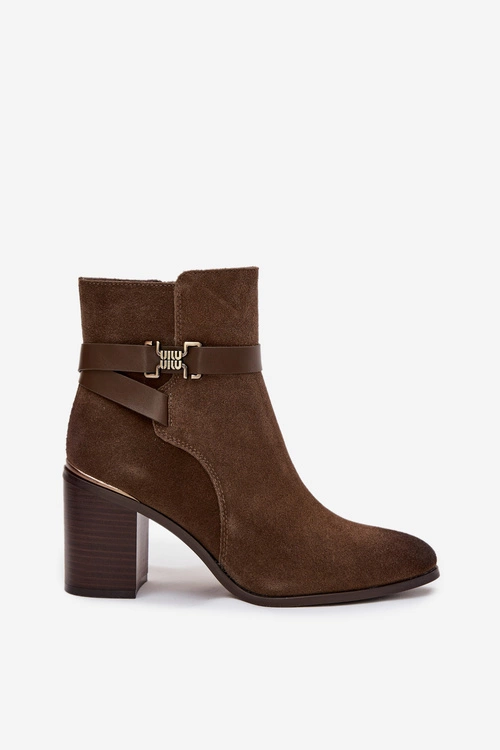 Botki Damskie Z Naturalnego Zamszu Na Słupku Ocieplane Sergio Leone BT25384-S Khaki