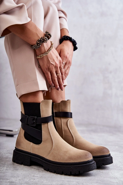 Damskie Ocieplane Botki Sztyblety Z Paskiem Beżowe Jose