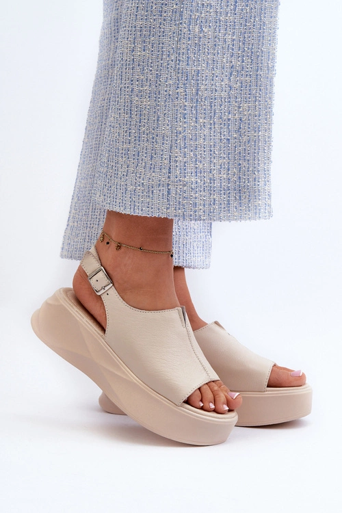 Skórzane Sandały Damskie Na Platformie D&A SJ2301-2 Beżowe