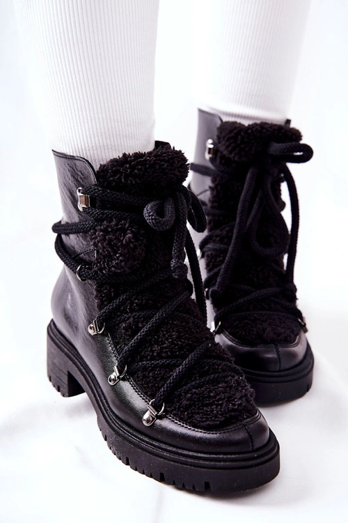 Skórzane Botki Trapery Wiązane Lewski Czarne 3116