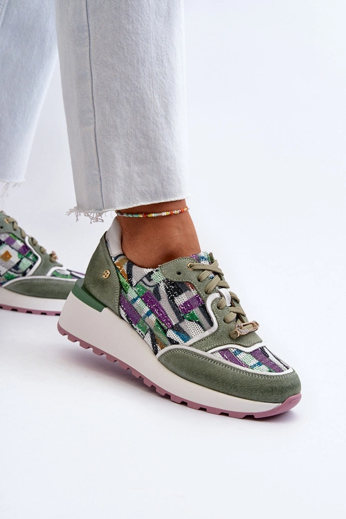 Skórzane Sneakersy Damskie Na Platformie Maciejka 06390-09 Seledynowe