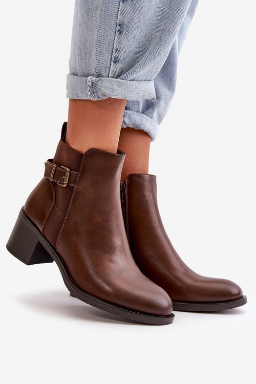 Botki Damskie Ocieplane Na Słupku Z Klamrą Brązowe Nevillira