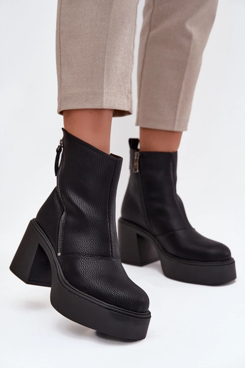 Skórzane Ocieplane Botki Damskie Na Słupku I Platformie Vinceza 66831 Czarne