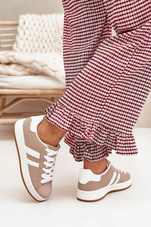 Buty Sportowe Sneakersy Damskie Z Eko Skóry Ciemnobeżowe Ravina