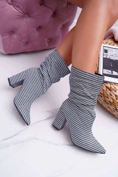 Botki Damskie Na Słupku w Pepitkę Biało Czarne Vibe