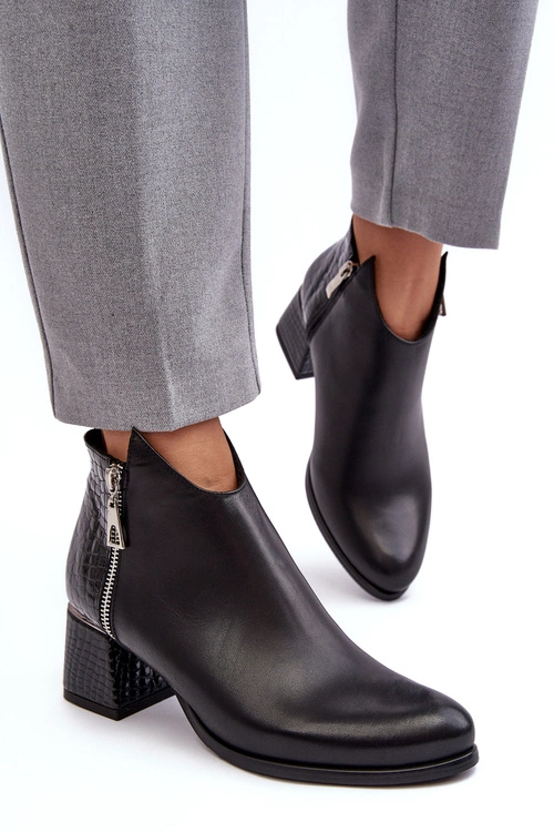 Damskie Skórzane Botki Na Niskim Słupku Zazoo 4111 Czarne