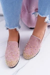 Balerinki  Damskie Lu Boo Różowe Zamszowe Lordsy z Ćwiekami Odessa
