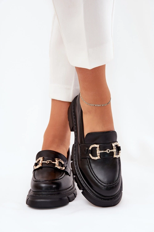 Mokasyny Damskie Eko Skórzane Ze Złotym Detalem Czarne Ravalissea