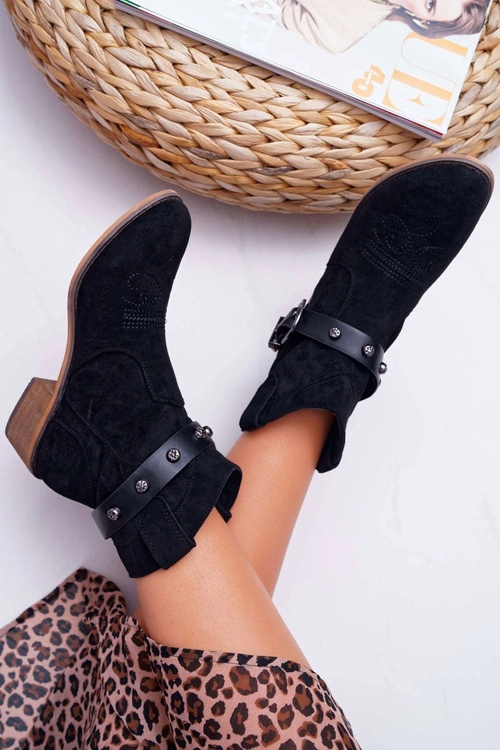 Botki Damskie Płaski Obcas Kowbojki z Klamrą Czarne Ewella