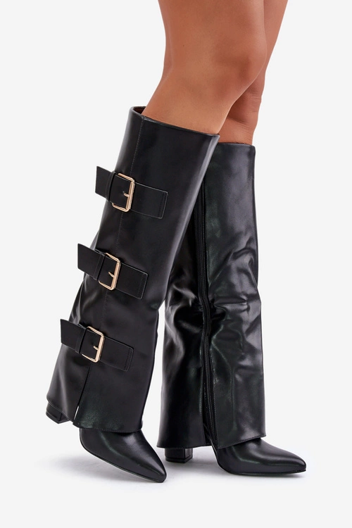 Ocieplane Kozaki Damskie Na Słupku Z Wywiniętą Cholewką I Klamrami Czarne Piregonia