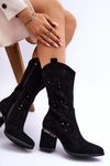 Damskie Zamszowe Ażurowe Kozaki Czarne Adelia
