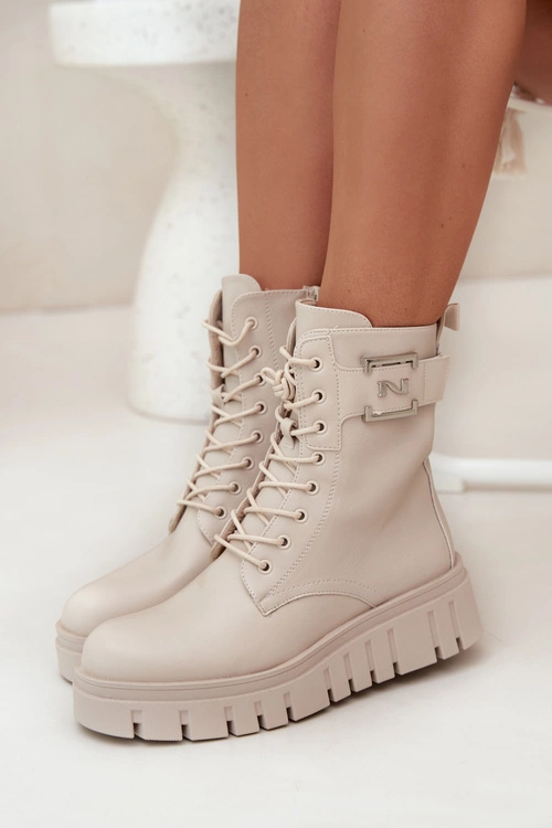 Botki Damskie Na Platformie Z Ozdobnym Detalem Ocieplane Jasnobeżowe Lyrana