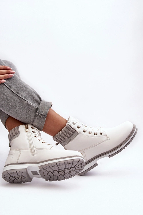 Damskie Skórzane Trapery Ocieplane Białe Katalis