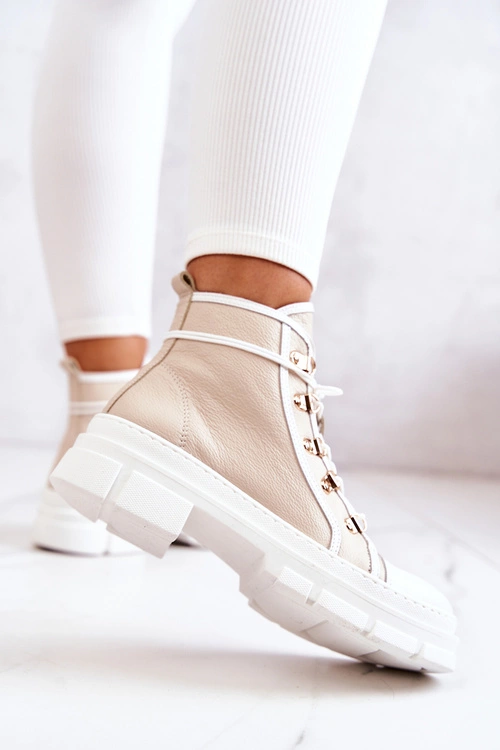 Botki Trapery Skórzane Beżowo-Białe Letty