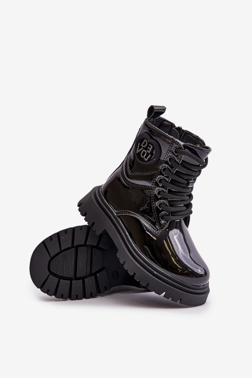 Lakierowane Botki Dziewczęce Ocieplane Futerkiem Na Zamek Czarne Evaliraea