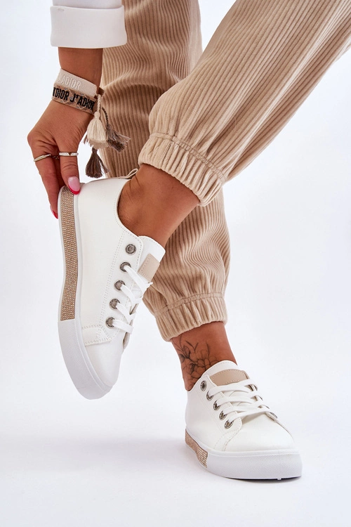 Niskie Trampki Damskie Z Dżetami Biało-Beżowe Demira