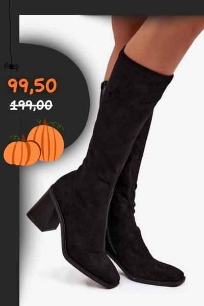 Kozaki Damskie Ze Zdobieniem Na Klocku Eko Zamszowe Czarne Ivanna