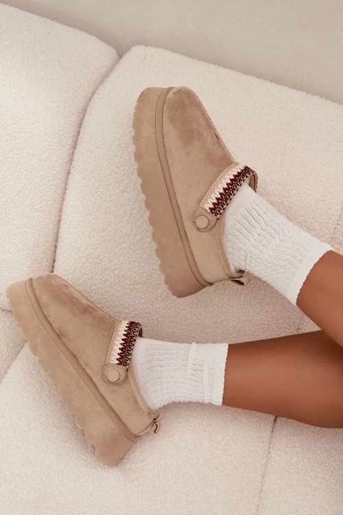 Śniegowce Damskie Niskie Z Ruchomym Paskiem I Haftem Na Platformie Jasnobeżowe Lyrisse